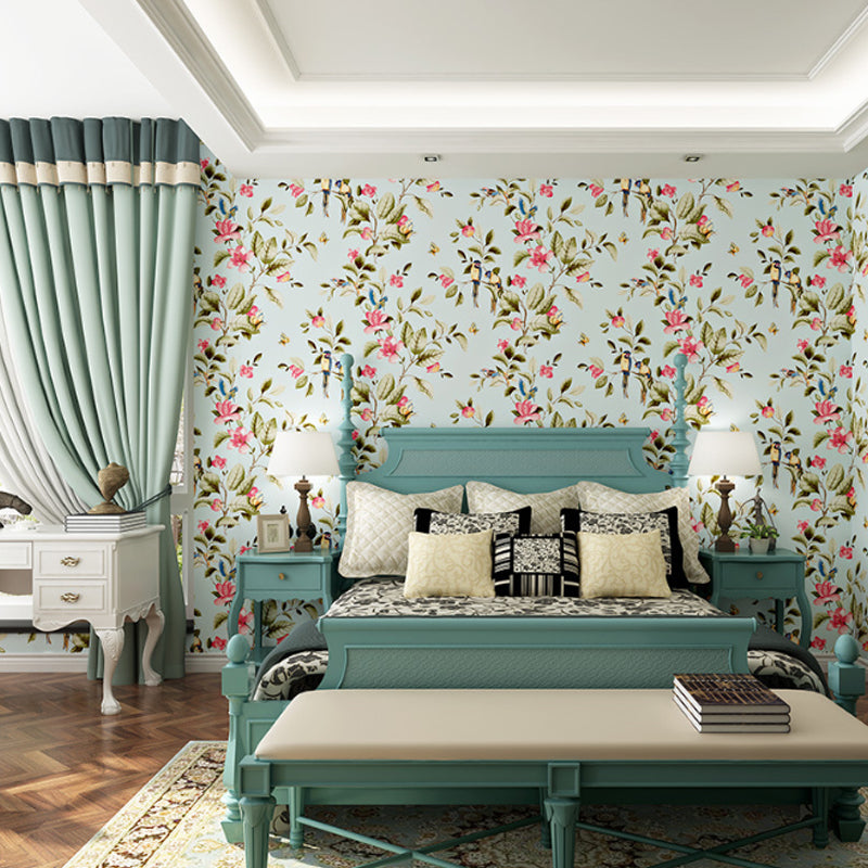 Garden Blossoms and Leaves Wallpaper Stain-Resistant Non-Pasted , 20.5"W x 33'L Blue Clearhalo 'Country wall decor' 'Rustic' 'Wallpaper' Wall Decor' 888224