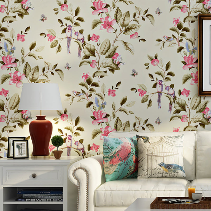 Garden Blossoms and Leaves Wallpaper Stain-Resistant Non-Pasted , 20.5"W x 33'L Beige Clearhalo 'Country wall decor' 'Rustic' 'Wallpaper' Wall Decor' 888228
