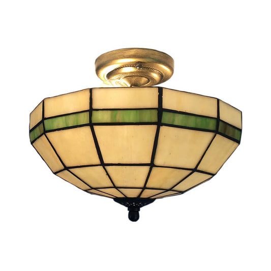 Beige Glass Bowl Semi Flushmount Traditional Indoor Semi Flush Light for Living Room Beige Clearhalo 'Ceiling Lights' 'Chandeliers' 'Close To Ceiling Lights' 'Close to ceiling' 'Glass shade' 'Glass' 'Semi-flushmount' 'Tiffany close to ceiling' 'Tiffany' Lighting' 88837