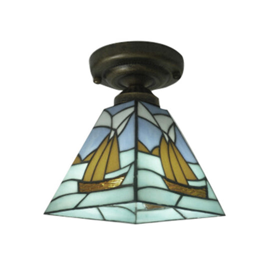 Nautical Sailboat Flush Light Stained Glass 1 Light Flush Ceiling Light in Blue for Bathroom Clearhalo 'Ceiling Lights' 'Chandeliers' 'Close To Ceiling Lights' 'Close to ceiling' 'Glass shade' 'Glass' 'Semi-flushmount' 'Tiffany close to ceiling' 'Tiffany' Lighting' 88840