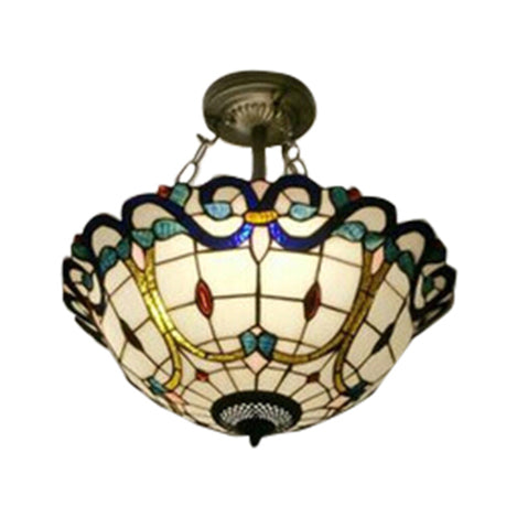 Victorian Bowl Semi Flush Light Stained Glass Shade Semi Flush Mount Light for Living Room Beige Clearhalo 'Ceiling Lights' 'Chandeliers' 'Close To Ceiling Lights' 'Close to ceiling' 'Glass shade' 'Glass' 'Semi-flushmount' 'Tiffany close to ceiling' 'Tiffany' Lighting' 88841