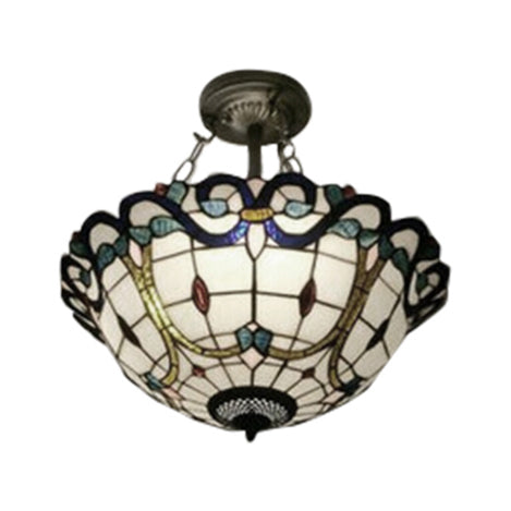 Victorian Bowl Semi Flush Light Stained Glass Shade Semi Flush Mount Light for Living Room Clearhalo 'Ceiling Lights' 'Chandeliers' 'Close To Ceiling Lights' 'Close to ceiling' 'Glass shade' 'Glass' 'Semi-flushmount' 'Tiffany close to ceiling' 'Tiffany' Lighting' 88842