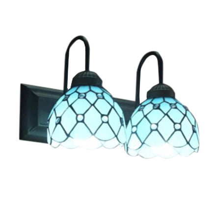 2 Heads Dome Wall Mounted Light Tiffany Blue Glass Sconce Light Fixture in Black Clearhalo 'Industrial' 'Middle century wall lights' 'Tiffany wall lights' 'Tiffany' 'Wall Lamps & Sconces' 'Wall Lights' Lighting' 88851