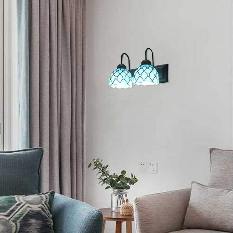 2 Heads Dome Wall Mounted Light Tiffany Blue Glass Sconce Light Fixture in Black Blue Clearhalo 'Industrial' 'Middle century wall lights' 'Tiffany wall lights' 'Tiffany' 'Wall Lamps & Sconces' 'Wall Lights' Lighting' 88853