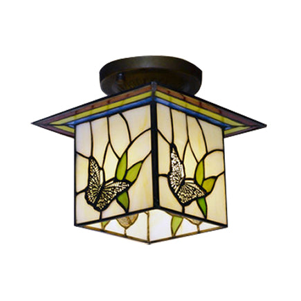 1 Light Butterfly Flush Light Mission Lodge Stained Glass Flush Mount Light for Corridor White-Green Clearhalo 'Ceiling Lights' 'Chandeliers' 'Close To Ceiling Lights' 'Close to ceiling' 'Glass shade' 'Glass' 'Semi-flushmount' 'Tiffany close to ceiling' 'Tiffany' Lighting' 88866