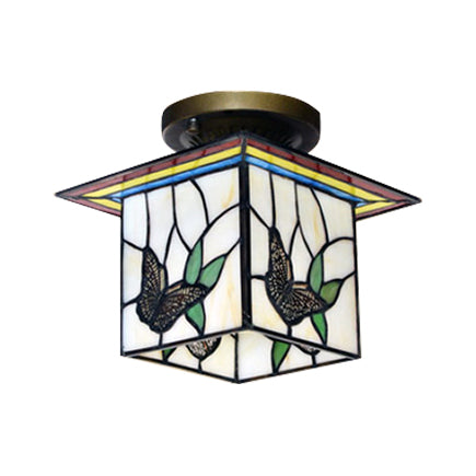 1 Light Butterfly Flush Light Mission Lodge Stained Glass Flush Mount Light for Corridor Clearhalo 'Ceiling Lights' 'Chandeliers' 'Close To Ceiling Lights' 'Close to ceiling' 'Glass shade' 'Glass' 'Semi-flushmount' 'Tiffany close to ceiling' 'Tiffany' Lighting' 88867
