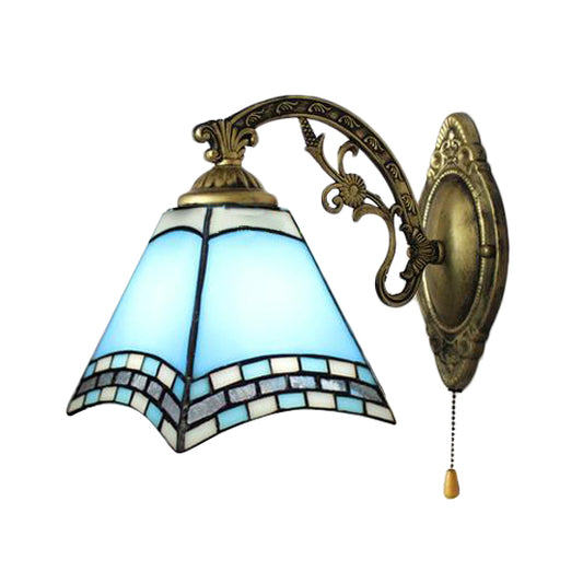 Mediterranean Pyramid Wall Lamp Blue Glass 1 Light Wall Mount Light with Pull Chain Clearhalo 'Industrial' 'Middle century wall lights' 'Tiffany wall lights' 'Tiffany' 'Wall Lamps & Sconces' 'Wall Lights' Lighting' 88886