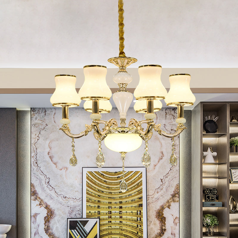 Milk Glass Gold Ceiling Chandelier Curved Arm 6 Lights Contemporary Crystal Pendant Lighting Clearhalo 'Ceiling Lights' 'Chandeliers' 'Modern Chandeliers' 'Modern' Lighting' 888872