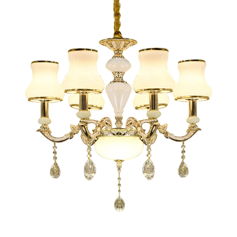 Milk Glass Gold Ceiling Chandelier Curved Arm 6 Lights Contemporary Crystal Pendant Lighting Clearhalo 'Ceiling Lights' 'Chandeliers' 'Modern Chandeliers' 'Modern' Lighting' 888873