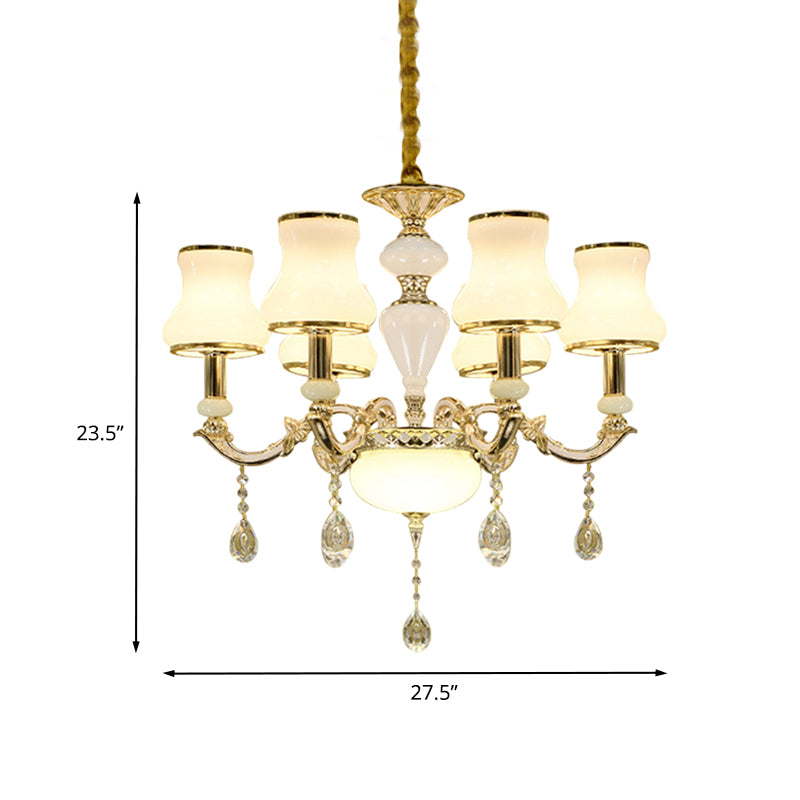 Milk Glass Gold Ceiling Chandelier Curved Arm 6 Lights Contemporary Crystal Pendant Lighting Clearhalo 'Ceiling Lights' 'Chandeliers' 'Modern Chandeliers' 'Modern' Lighting' 888874