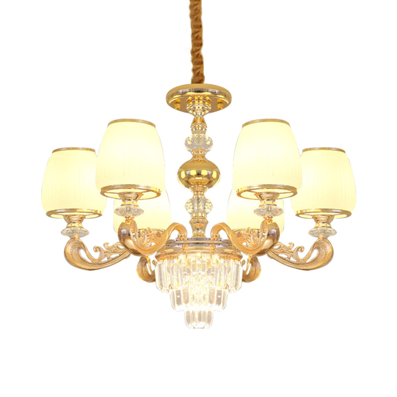 Carved Arm Bedroom Chandelier Modernism Milk Glass 6 Bulbs Gold Crystal Hanging Light Clearhalo 'Ceiling Lights' 'Chandeliers' 'Modern Chandeliers' 'Modern' Lighting' 888876
