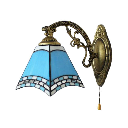 Mediterranean Pyramid Wall Lamp Blue Glass 1 Light Wall Mount Light with Pull Chain Clearhalo 'Industrial' 'Middle century wall lights' 'Tiffany wall lights' 'Tiffany' 'Wall Lamps & Sconces' 'Wall Lights' Lighting' 88887