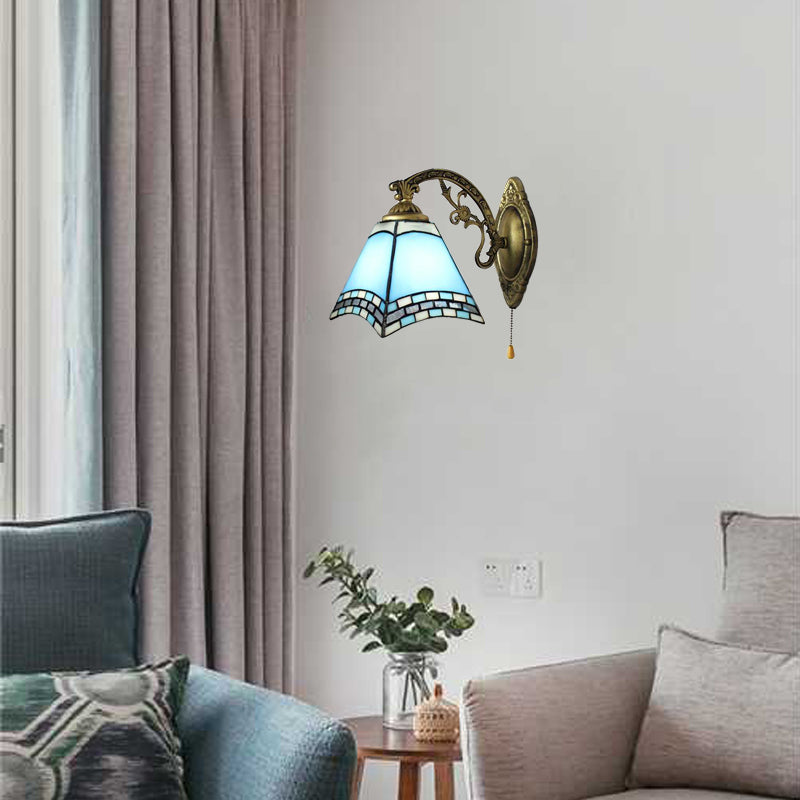 Mediterranean Pyramid Wall Lamp Blue Glass 1 Light Wall Mount Light with Pull Chain Blue Clearhalo 'Industrial' 'Middle century wall lights' 'Tiffany wall lights' 'Tiffany' 'Wall Lamps & Sconces' 'Wall Lights' Lighting' 88888