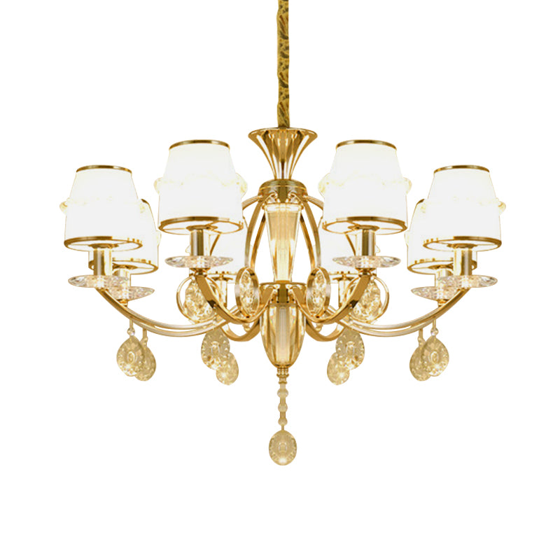 Cut Crystal Conical Hanging Lamp Modern 8 Lights Living Room Chandelier in Gold with White Glass Shade Clearhalo 'Ceiling Lights' 'Chandeliers' 'Modern Chandeliers' 'Modern' Lighting' 888890