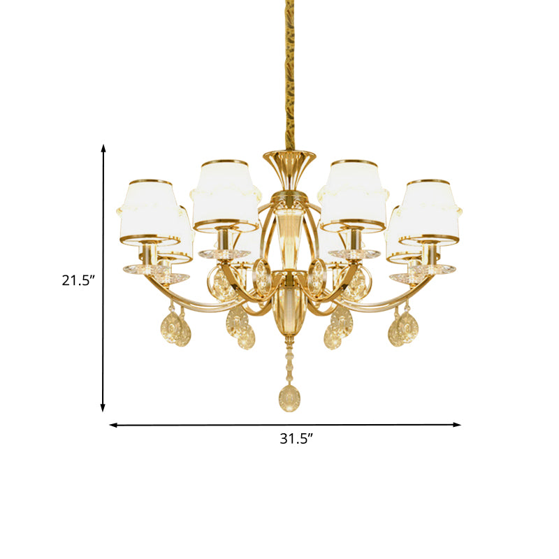 Cut Crystal Conical Hanging Lamp Modern 8 Lights Living Room Chandelier in Gold with White Glass Shade Clearhalo 'Ceiling Lights' 'Chandeliers' 'Modern Chandeliers' 'Modern' Lighting' 888891