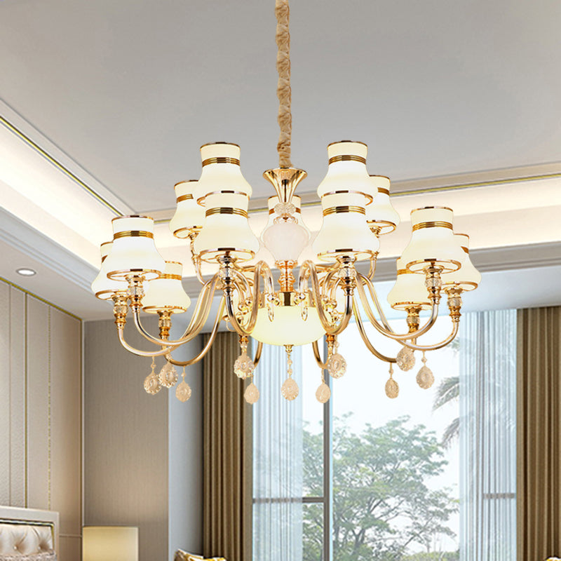 Simple Curvy Arm Suspension Lamp 15 Bulbs Opal Glass Crystal Chandelier Lighting in Gold Gold Clearhalo 'Ceiling Lights' 'Chandeliers' 'Modern Chandeliers' 'Modern' Lighting' 888892