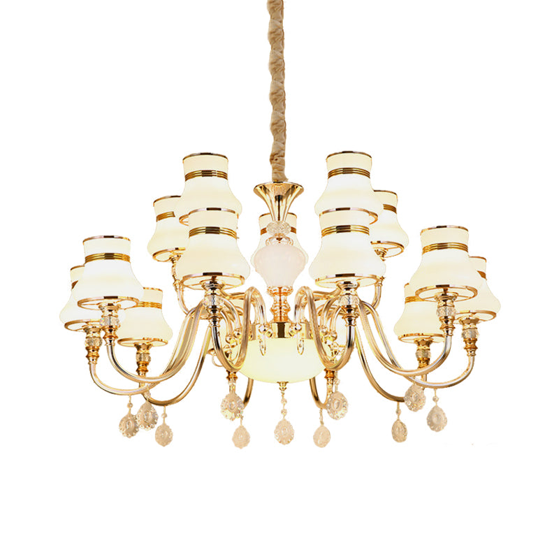 Simple Curvy Arm Suspension Lamp 15 Bulbs Opal Glass Crystal Chandelier Lighting in Gold Clearhalo 'Ceiling Lights' 'Chandeliers' 'Modern Chandeliers' 'Modern' Lighting' 888894