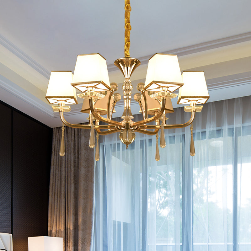 Pyramid White Glass Chandelier Light Contemporary 6-Head Bedroom Crystal Pendant in Champagne Champagne Clearhalo 'Ceiling Lights' 'Chandeliers' 'Modern Chandeliers' 'Modern' Lighting' 888900