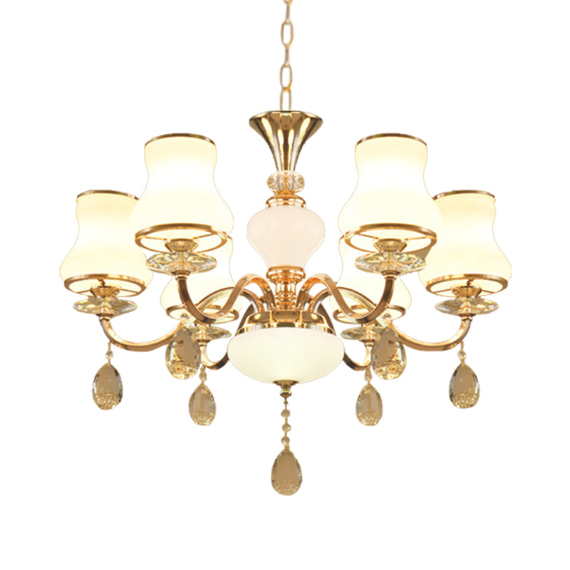 Champagne Bell Hanging Chandelier Simple Opal Glass 6-Light Bedroom Crystal Ceiling Light Clearhalo 'Ceiling Lights' 'Chandeliers' 'Modern Chandeliers' 'Modern' Lighting' 888909