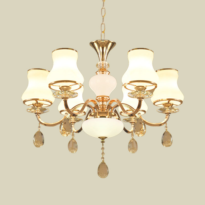 Champagne Bell Hanging Chandelier Simple Opal Glass 6-Light Bedroom Crystal Ceiling Light Clearhalo 'Ceiling Lights' 'Chandeliers' 'Modern Chandeliers' 'Modern' Lighting' 888910