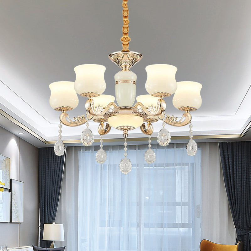 Jade Bud Chandelier Lighting Modern 6 Lights Bedroom Crystal Ceiling Suspension Lamp in Gold Clearhalo 'Ceiling Lights' 'Chandeliers' 'Modern Chandeliers' 'Modern' Lighting' 888930