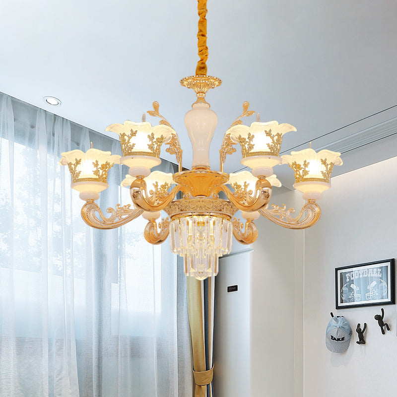6 Bulbs Pendant Modern Bedroom Crystal Chandelier with Carved Frosted Glass Shade in Gold Gold Clearhalo 'Ceiling Lights' 'Chandeliers' 'Modern Chandeliers' 'Modern' Lighting' 888933