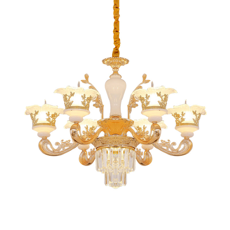 6 Bulbs Pendant Modern Bedroom Crystal Chandelier with Carved Frosted Glass Shade in Gold Clearhalo 'Ceiling Lights' 'Chandeliers' 'Modern Chandeliers' 'Modern' Lighting' 888934