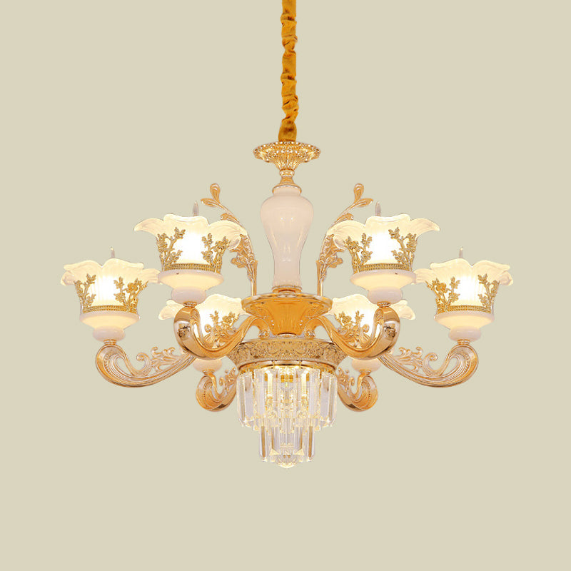 6 Bulbs Pendant Modern Bedroom Crystal Chandelier with Carved Frosted Glass Shade in Gold Clearhalo 'Ceiling Lights' 'Chandeliers' 'Modern Chandeliers' 'Modern' Lighting' 888935