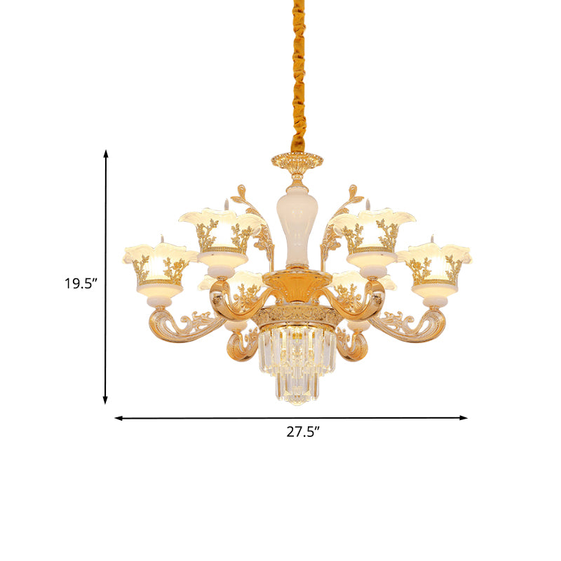 6 Bulbs Pendant Modern Bedroom Crystal Chandelier with Carved Frosted Glass Shade in Gold Clearhalo 'Ceiling Lights' 'Chandeliers' 'Modern Chandeliers' 'Modern' Lighting' 888936