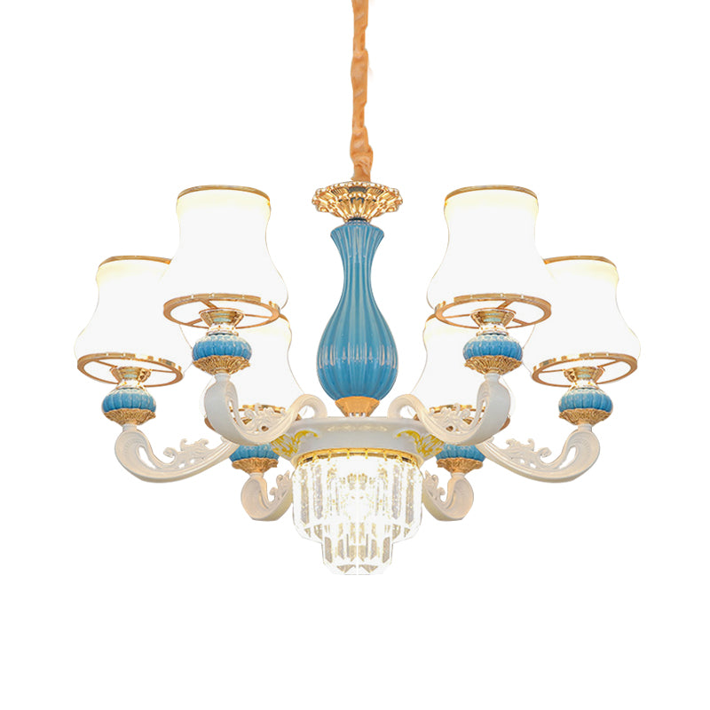 Blue and White 6-Head Chandelier Contemporary Opal Glass Curving Crystal Hanging Pendant Clearhalo 'Ceiling Lights' 'Chandeliers' 'Modern Chandeliers' 'Modern' Lighting' 888947