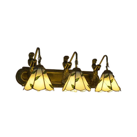 3 Heads Lily Wall Mounted Light Tiffany Beige Glass Sconce Light with Mermaid Decoration Clearhalo 'Industrial' 'Middle century wall lights' 'Tiffany wall lights' 'Tiffany' 'Wall Lamps & Sconces' 'Wall Lights' Lighting' 88894