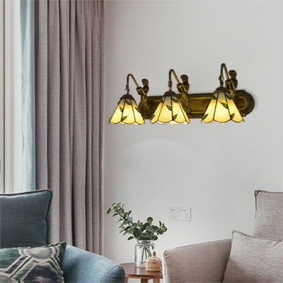 3 Heads Lily Wall Mounted Light Tiffany Beige Glass Sconce Light with Mermaid Decoration Beige Clearhalo 'Industrial' 'Middle century wall lights' 'Tiffany wall lights' 'Tiffany' 'Wall Lamps & Sconces' 'Wall Lights' Lighting' 88896