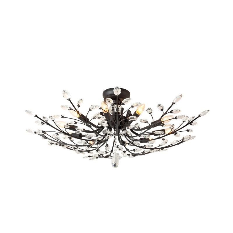 Branch Beveled Crystal Semi Flush Minimalism 10 Heads Living Room Flush Mount in Black Clearhalo 'Ceiling Lights' 'Close To Ceiling Lights' 'Close to ceiling' 'Semi-flushmount' Lighting' 888962