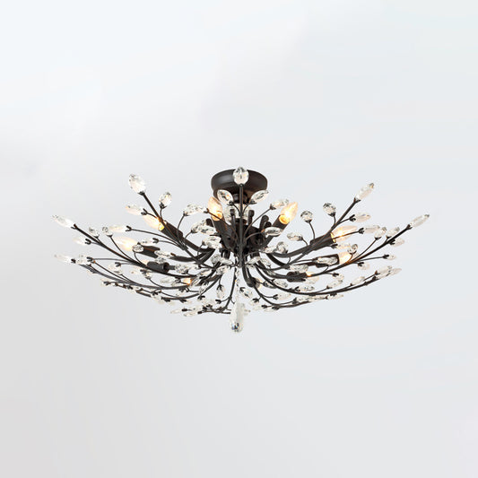 Branch Beveled Crystal Semi Flush Minimalism 10 Heads Living Room Flush Mount in Black Clearhalo 'Ceiling Lights' 'Close To Ceiling Lights' 'Close to ceiling' 'Semi-flushmount' Lighting' 888963