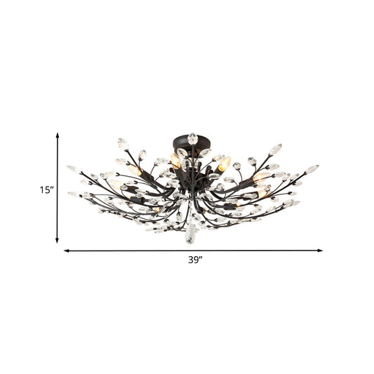 Branch Beveled Crystal Semi Flush Minimalism 10 Heads Living Room Flush Mount in Black Clearhalo 'Ceiling Lights' 'Close To Ceiling Lights' 'Close to ceiling' 'Semi-flushmount' Lighting' 888964