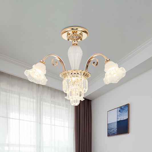 Contemporary Bloom Semi Flush Light 3 Heads Opal Glass Flush Mount Spotlight in Gold with Crystal Decor Clearhalo 'Ceiling Lights' 'Close To Ceiling Lights' 'Close to ceiling' 'Semi-flushmount' Lighting' 888978