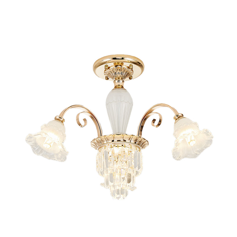 Contemporary Bloom Semi Flush Light 3 Heads Opal Glass Flush Mount Spotlight in Gold with Crystal Decor Clearhalo 'Ceiling Lights' 'Close To Ceiling Lights' 'Close to ceiling' 'Semi-flushmount' Lighting' 888979