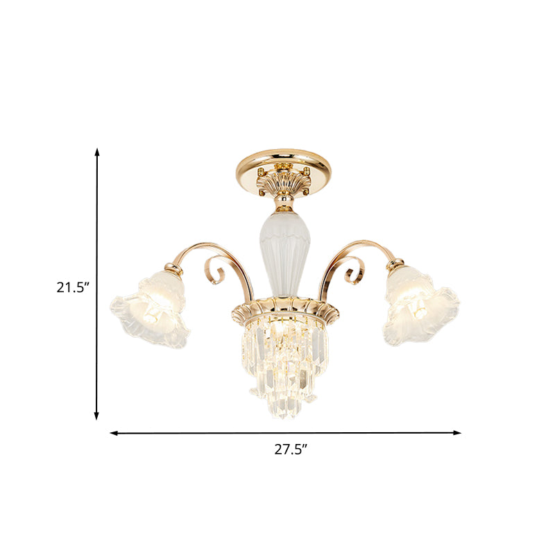 Contemporary Bloom Semi Flush Light 3 Heads Opal Glass Flush Mount Spotlight in Gold with Crystal Decor Clearhalo 'Ceiling Lights' 'Close To Ceiling Lights' 'Close to ceiling' 'Semi-flushmount' Lighting' 888980