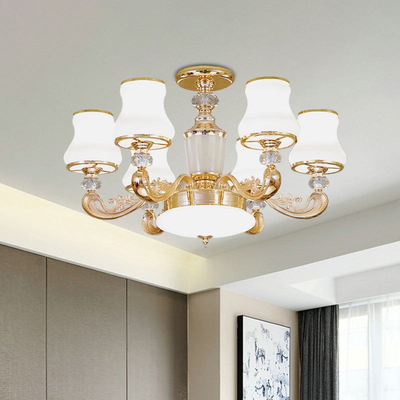 6 Lights Flared Semi Flush Mount Simple Gold Frosted Glass Ceiling Light with Crystal Accent Gold Clearhalo 'Ceiling Lights' 'Close To Ceiling Lights' 'Close to ceiling' 'Semi-flushmount' Lighting' 888981
