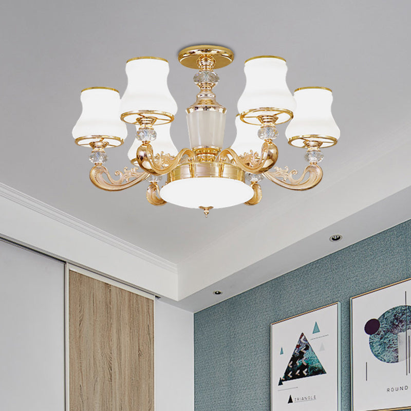 6 Lights Flared Semi Flush Mount Simple Gold Frosted Glass Ceiling Light with Crystal Accent Clearhalo 'Ceiling Lights' 'Close To Ceiling Lights' 'Close to ceiling' 'Semi-flushmount' Lighting' 888982