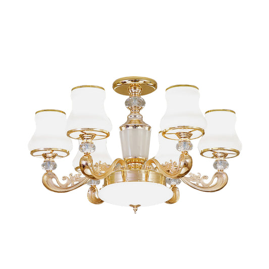 6 Lights Flared Semi Flush Mount Simple Gold Frosted Glass Ceiling Light with Crystal Accent Clearhalo 'Ceiling Lights' 'Close To Ceiling Lights' 'Close to ceiling' 'Semi-flushmount' Lighting' 888983