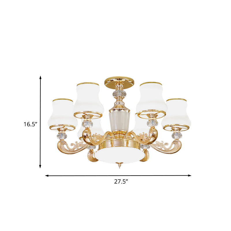 6 Lights Flared Semi Flush Mount Simple Gold Frosted Glass Ceiling Light with Crystal Accent Clearhalo 'Ceiling Lights' 'Close To Ceiling Lights' 'Close to ceiling' 'Semi-flushmount' Lighting' 888984