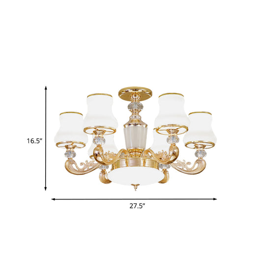 6 Lights Flared Semi Flush Mount Simple Gold Frosted Glass Ceiling Light with Crystal Accent Clearhalo 'Ceiling Lights' 'Close To Ceiling Lights' 'Close to ceiling' 'Semi-flushmount' Lighting' 888984