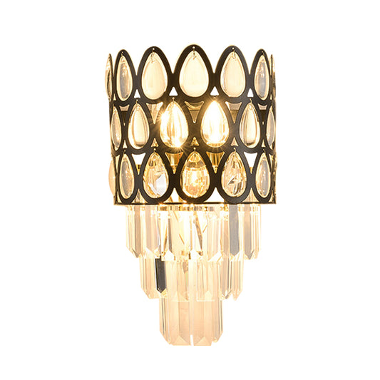 Minimalism Tiered Sconce Light 3-Bulb Clear Crystal Wall Lamp Fixture in Black for Living Room Clearhalo 'Cast Iron' 'Glass' 'Industrial' 'Modern wall lights' 'Modern' 'Tiffany' 'Traditional wall lights' 'Wall Lamps & Sconces' 'Wall Lights' Lighting' 889000