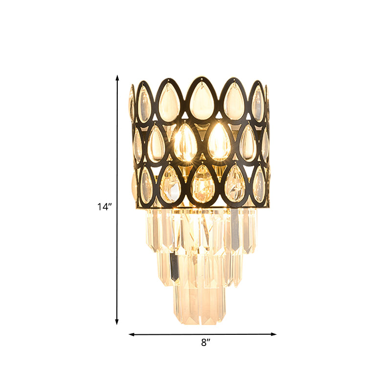 Minimalism Tiered Sconce Light 3-Bulb Clear Crystal Wall Lamp Fixture in Black for Living Room Clearhalo 'Cast Iron' 'Glass' 'Industrial' 'Modern wall lights' 'Modern' 'Tiffany' 'Traditional wall lights' 'Wall Lamps & Sconces' 'Wall Lights' Lighting' 889001