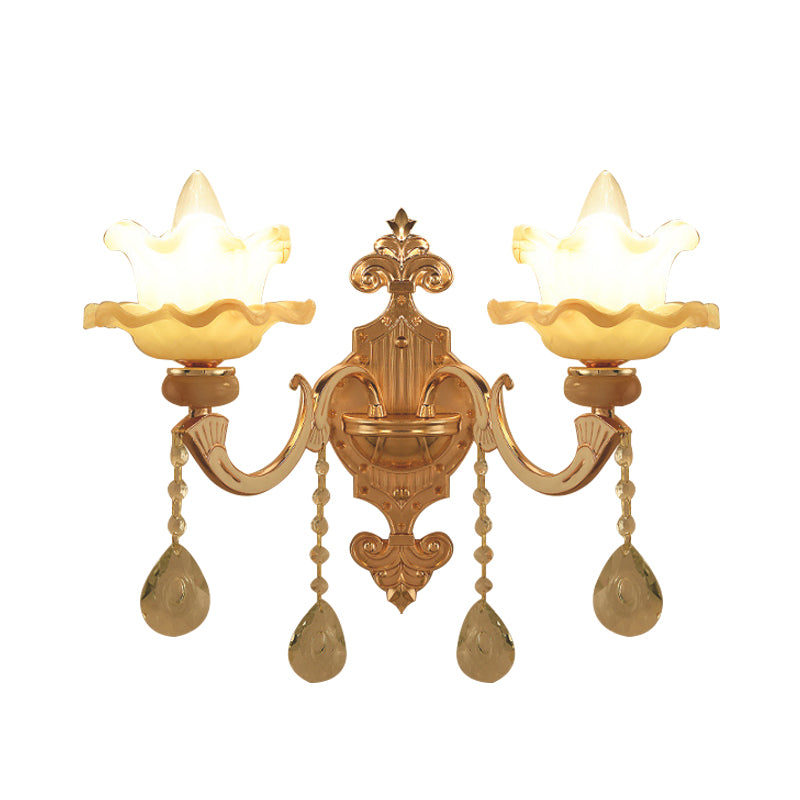 Swooping Arm Crystal Wall Sconce 2 Bulbs Living Room Wall Lamp in Gold with Frosted Glass Shade Clearhalo 'Modern wall lights' 'Modern' 'Wall Lamps & Sconces' 'Wall Lights' Lighting' 889028