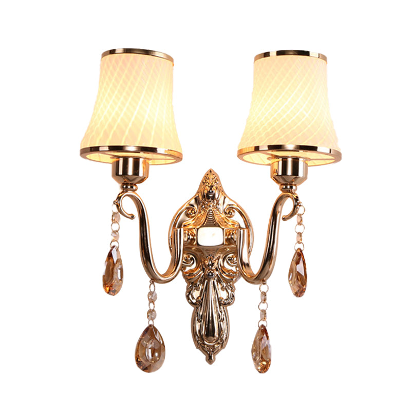 Opal Glass Brass Wall Lighting Scrolling Arm 2 Heads Minimalist Crystal Wall Mounted Lamp Clearhalo 'Modern wall lights' 'Modern' 'Wall Lamps & Sconces' 'Wall Lights' Lighting' 889032