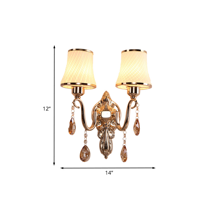 Opal Glass Brass Wall Lighting Scrolling Arm 2 Heads Minimalist Crystal Wall Mounted Lamp Clearhalo 'Modern wall lights' 'Modern' 'Wall Lamps & Sconces' 'Wall Lights' Lighting' 889033