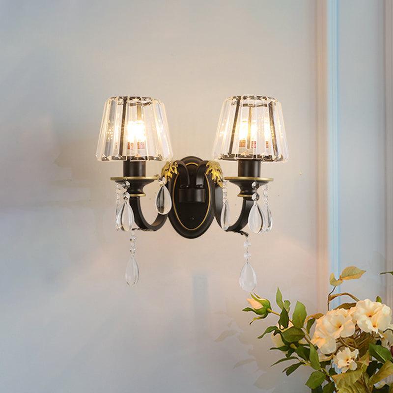 Conical Crystal Wall Lamp Sconce Modern 2 Lights Living Room Wall Light in Black and Gold Clearhalo 'Modern wall lights' 'Modern' 'Wall Lamps & Sconces' 'Wall Lights' Lighting' 889043