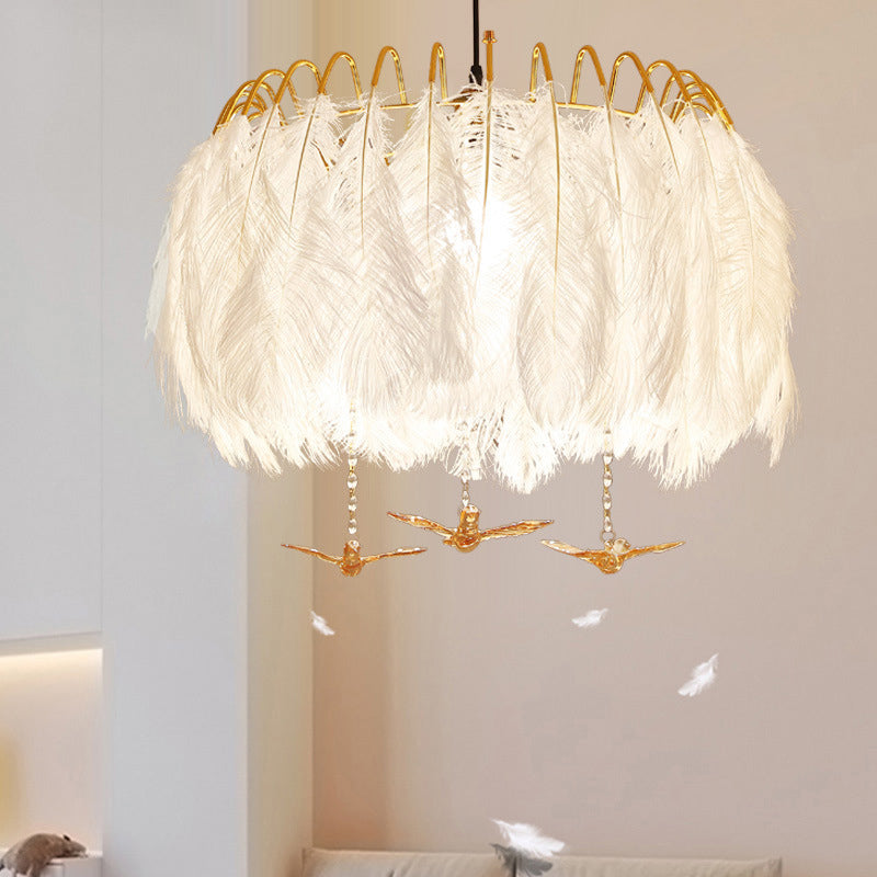 Feather Metal Chandelier Light Fixture Minimalist 4 Heads Bedroom Suspension Lamp in White White Clearhalo 'Ceiling Lights' 'Chandeliers' 'Modern Chandeliers' 'Modern' Lighting' 889066